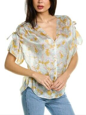 NWT Vince Lotus Ruched 100% Silk Blouse Top Multicolor Floral Gold Size M $345
